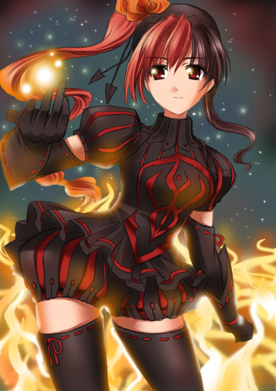 itsuki sayaka, layla (sound horizon), seisen no iberia, sound horizon, 1girl, black thighhighs, bloomers, brown eyes, brown hair, female focus, fire, gloves, multicolored hair, red hair, side ponytail, solo, thighhighs, two-tone hair, underwear, zettai ryouiki