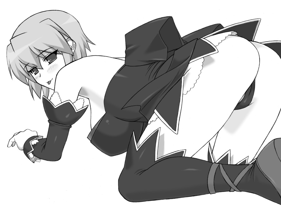 shichimenchou, kotonomiya yuki, higurashi no naku koro ni, suigetsu, 1girl, all fours, angel mort, ass, cosplay, female focus, greyscale, high heels, monochrome, shoes, solo, thighhighs