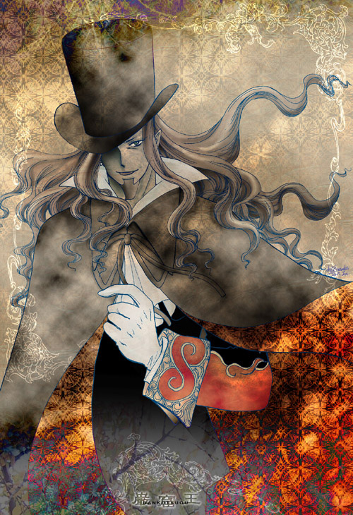 yamada emu, yamada m, count of monte cristo (gankutsuou), gankutsuou, 00s, 1boy, blue eyes, cape, copyright name, dark-skinned male, dark skin, facial hair, floating hair, gloves, goatee, hat, long hair, looking at viewer, male focus, neck ribbon, patterned, popped collar, ribbon, smirk, solo, top hat, very long hair