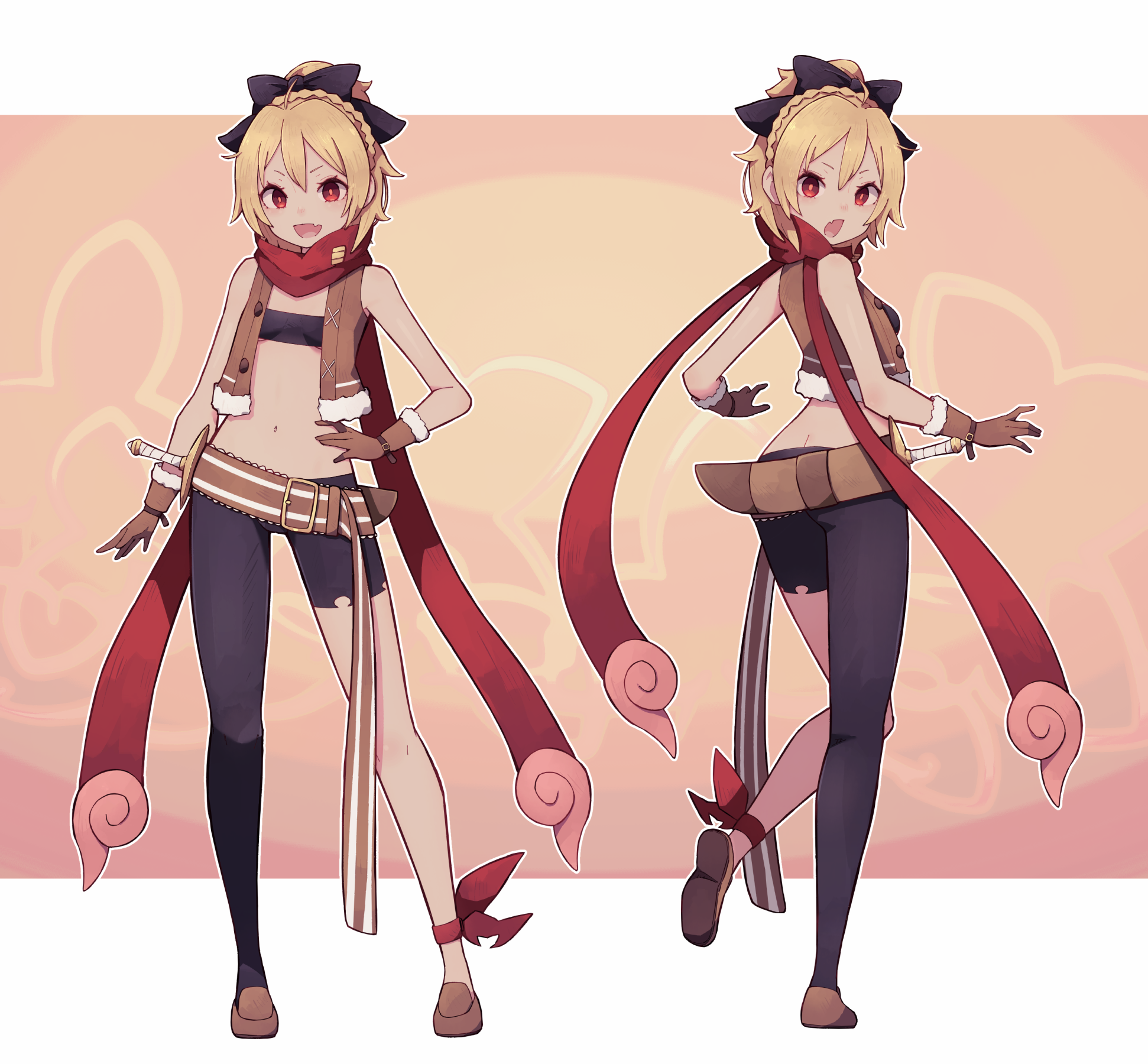 lamb-oic029, felt (re:zero), re:zero kara hajimeru isekai seikatsu, commission, highres, pixiv commission, variant set, 1girl, ahoge, belt, black pantyhose, black tube top, breasts, brown belt, brown gloves, brown shoes, brown vest, fang, full body, gloves, hand on own hip, looking at viewer, medium hair, navel, open mouth, pantyhose, red hair, red scarf, scarf, sheath, sheathed, shoes, single leg pantyhose, skin fang, small breasts, smile, standing, standing on one leg, strapless, sword, tube top, vest, weapon