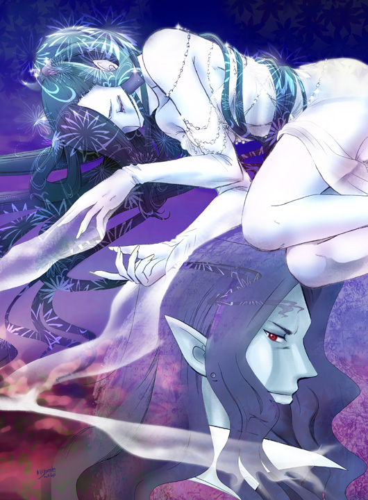 yamada emu, yamada m, count of monte cristo (gankutsuou), haydee (gankutsuou), gankutsuou, 00s, 1boy, 1girl, aqua hair, bare shoulders, beads, blue skin, closed eyes, closed mouth, colored skin, detached sleeves, dress, floral print, hair over one eye, hair rings, jewelry, long hair, lying, on side, pointy ears, profile, purple hair, red eyes, see-through clothes, signature, smile, strapless, strapless dress