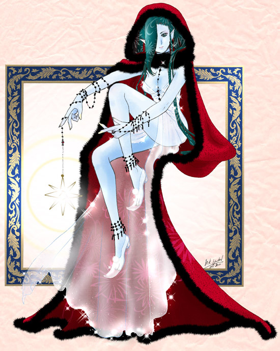 yamada emu, yamada m, haydee (gankutsuou), gankutsuou, 00s, 1girl, anklet, aqua eyes, aqua hair, beads, between breasts, blue skin, breasts, cleavage, cloak, colored skin, dress, female focus, full body, fur trim, hair over one eye, hood, hooded cloak, jewelry, long hair, medium breasts, pink lips, pointy ears, pointy shoes, ring, see-through clothes, shoes, sitting, smile, solo, sparkle, star (symbol), strapless, strapless dress, string, very long hair, white shoes