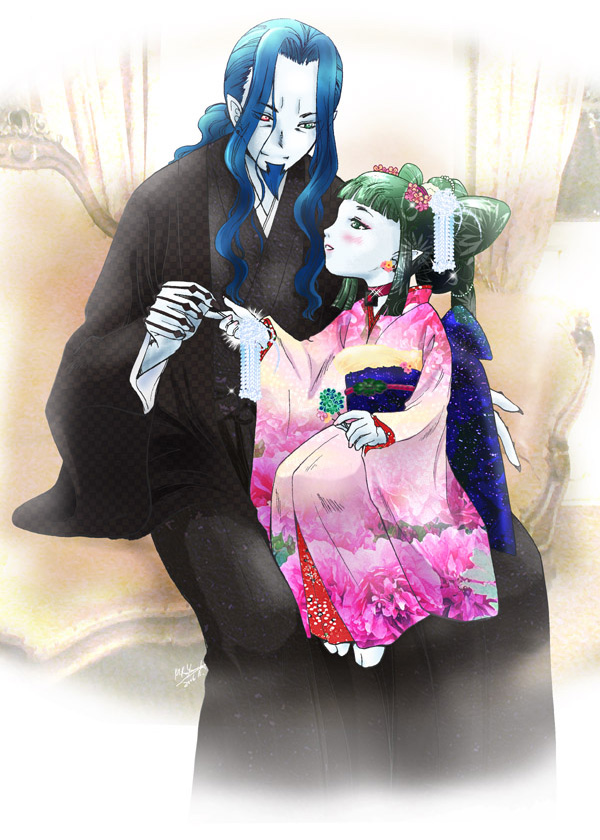 yamada emu, yamada m, count of monte cristo (gankutsuou), haydee (gankutsuou), gankutsuou, white legwear, 00s, 1boy, 1girl, aged down, beard, blue facial hair, blue hair, couple, facial hair, floral print, formal clothes, full body, geta, green hair, height difference, hetero, japanese clothes, kimono, long sleeves, obi, pale skin, sandals, sash, sitting, suit, tabi, wide sleeves