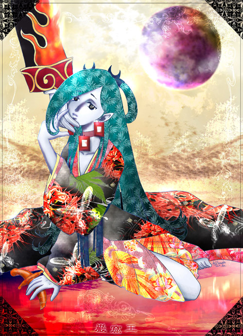 yamada emu, yamada m, haydee (gankutsuou), gankutsuou, 00s, 1girl, expressionless, female focus, flag, floating, full body, green eyes, green hair, head tilt, japanese clothes, kimono, long sleeves, looking at viewer, matching hair/eyes, orb, pale skin, sash, sitting, solo, thinking, wide sleeves, yokozuwari