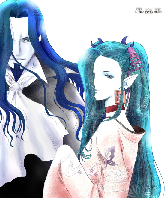 yamada emu, yamada m, count of monte cristo (gankutsuou), haydee (gankutsuou), gankutsuou, 00s, 1boy, 1girl, ascot, beard, choker, closed mouth, facial hair, formal clothes, hair over one eye, long hair, long sleeves, looking at viewer, pale skin, pointy ears, simple background, smile, suit, wavy hair, white background