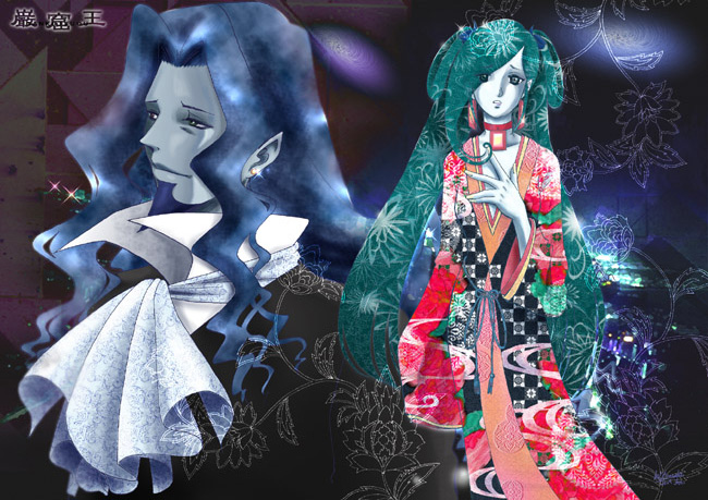 yamada emu, yamada m, count of monte cristo (gankutsuou), haydee (gankutsuou), gankutsuou, 00s, 1boy, 1girl, ascot, blue hair, formal clothes, green eyes, green hair, hair over one eye, japanese clothes, kimono, long hair, long sleeves, looking at viewer, obi, own hands together, pale skin, sash, standing, suit, upper body, wide sleeves