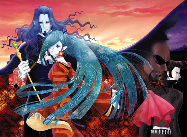 yamada emu, yamada m, baptistin (gankutsuou), bertuccio (gankutsuou), count of monte cristo (gankutsuou), haydee (gankutsuou), gankutsuou, 00s, 1girl, 3boys, ascot, beard, blue hair, cowboy shot, dress, facial hair, green hair, height difference, juliet sleeves, long sleeves, looking at viewer, multiple boys, puffy sleeves, red dress, standing, twintails, wavy hair