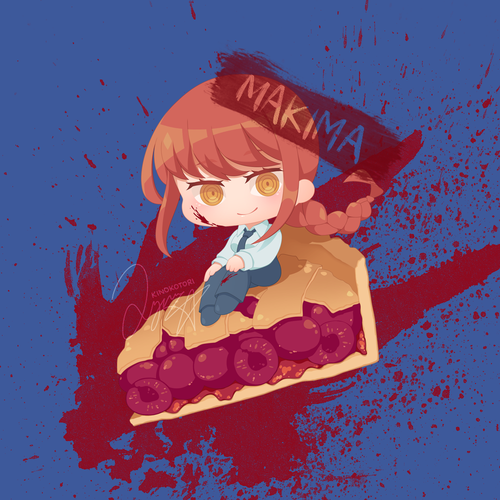 kinokorin, makima (chainsaw man), chainsaw man, commentary request, 1girl, black necktie, black pants, blood, blood on face, braid, character name, chibi, chibi only, collared shirt, eyelashes, food, fruit, long hair, looking at viewer, necktie, on food, pants, pie, pie slice, raspberry, ringed eyes, shirt, smile, solo, white shirt