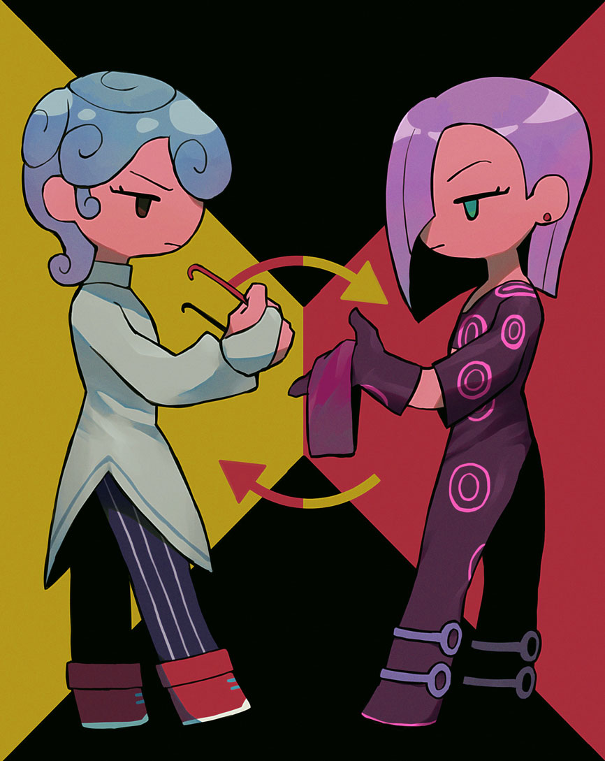 moisukii, ghiaccio, melone, jojo no kimyou na bouken, vento aureo, 2boys, arrow (symbol), blue hair, bodysuit, cleaning eyewear, earrings, expressionless, eyelashes, full body, glasses, gloves, jacket, jewelry, male focus, multiple boys, purple bodysuit, purple gloves, purple hair, red shoes, shoes, short hair, symmetry, white jacket