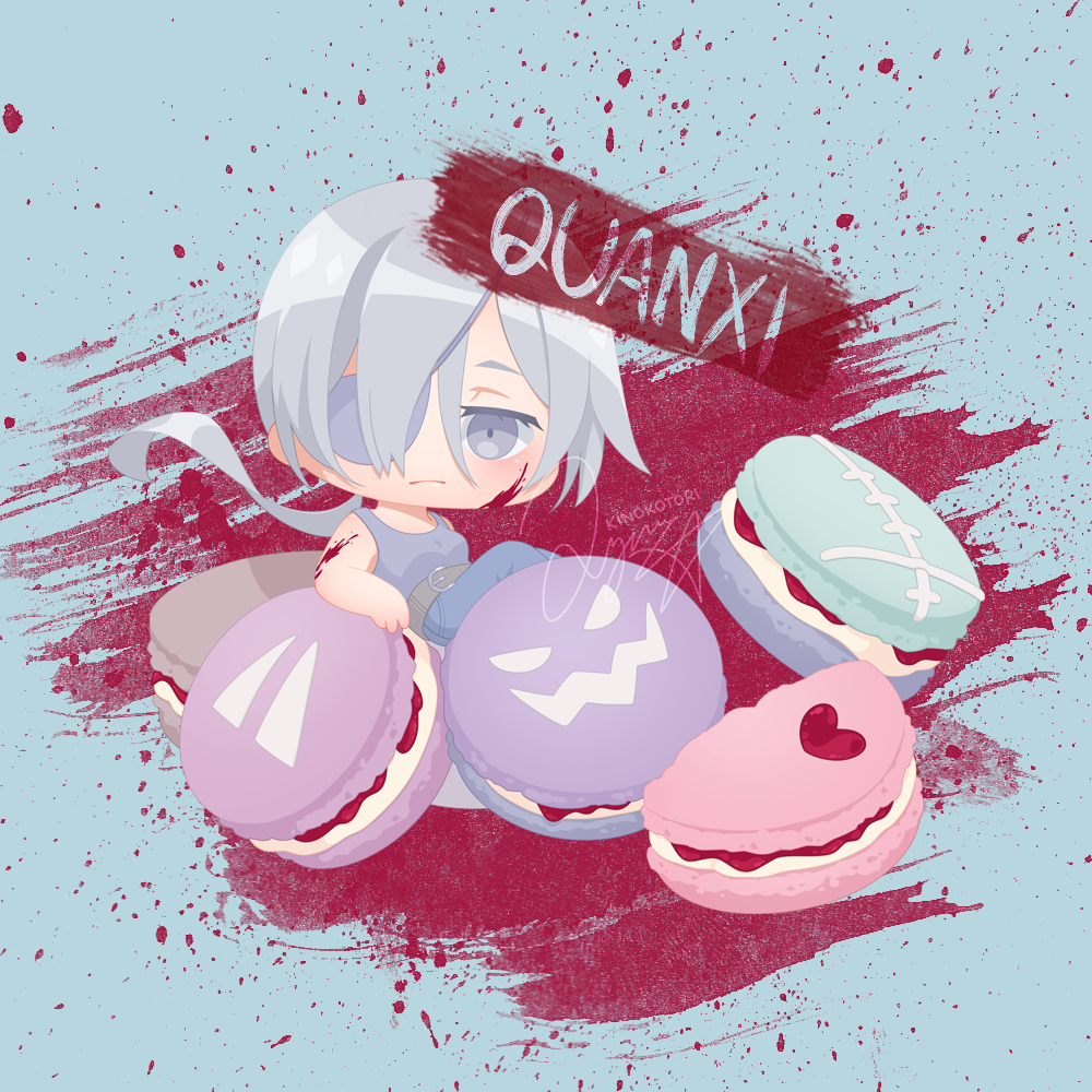 kinokorin, quanxi (chainsaw man), chainsaw man, commentary request, 1girl, belt, blood, blood on arm, character name, eyepatch, food, frown, grey eyes, hair over one eye, looking at viewer, macaron, pants, ponytail, sitting, solo, tank top