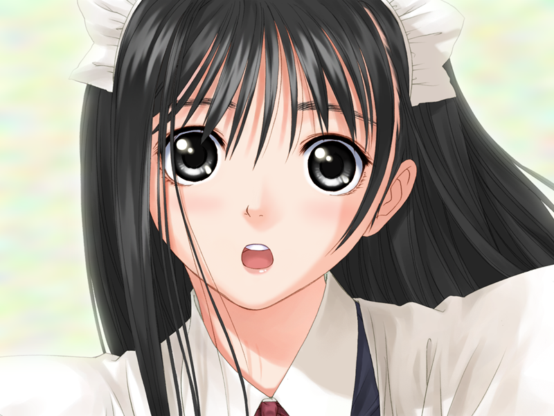tony taka, watase nozomi, genmukan, game cg, 00s, 1girl, black eyes, black hair, blush, female focus, long hair, maid, open mouth, solo