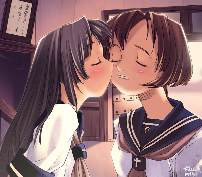 non-web source, 2girls, black hair, blush, brown hair, closed eyes, kiss, long hair, multiple girls, school uniform, serafuku, short hair, yuri