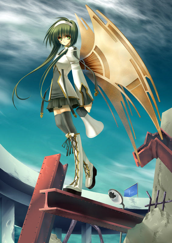 aoi yuuji, tagme, boots, long hair, skirt, solo, thighhighs, wings