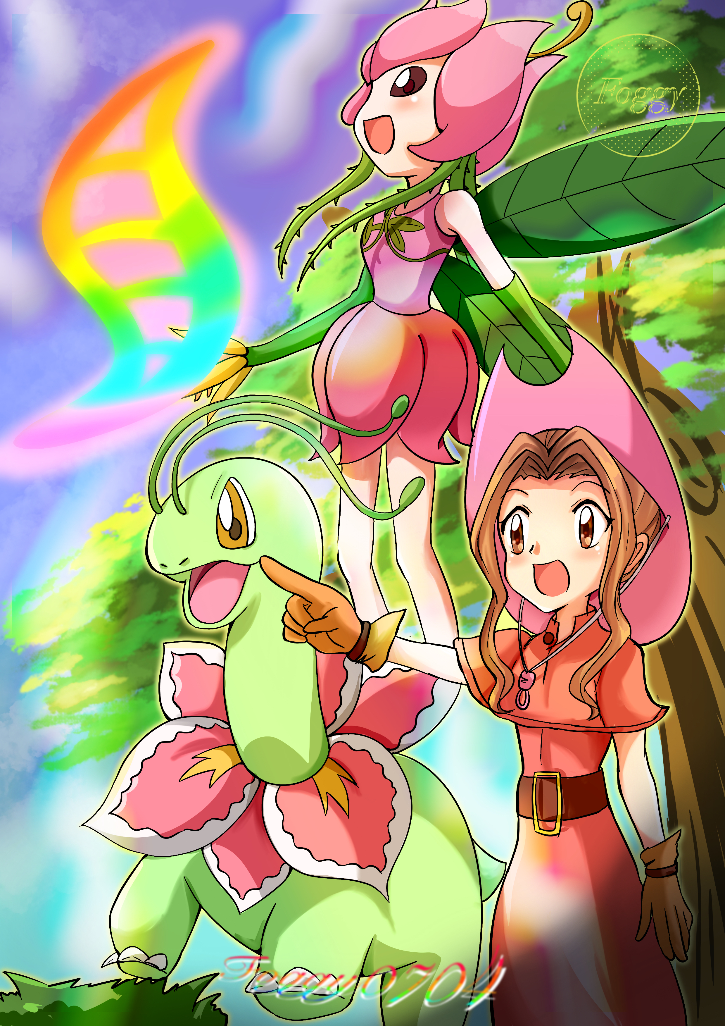 lilimon, meganium, tachikawa mimi, digimon, nintendo, pokemon, digimon (creature), flower, foggy, gen 2 pokemon, monster girl, petals, plant girl, pokemon (creature)