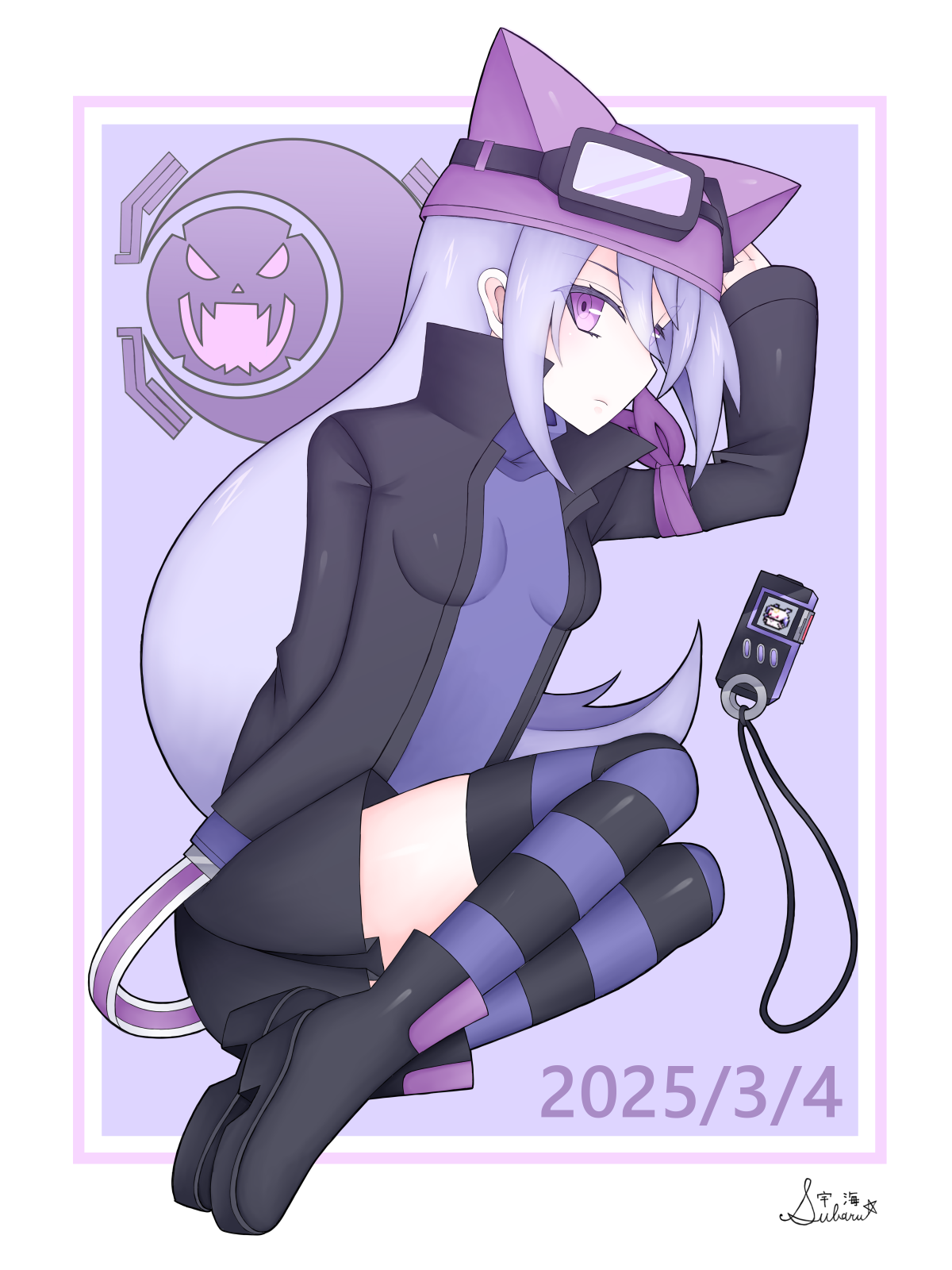 sayo (digimon), digimon, digimon story: sunburst and moonlight, 1girl, goggles, goggles on head, hat, long hair, purple eyes, purple hair, subaruukai