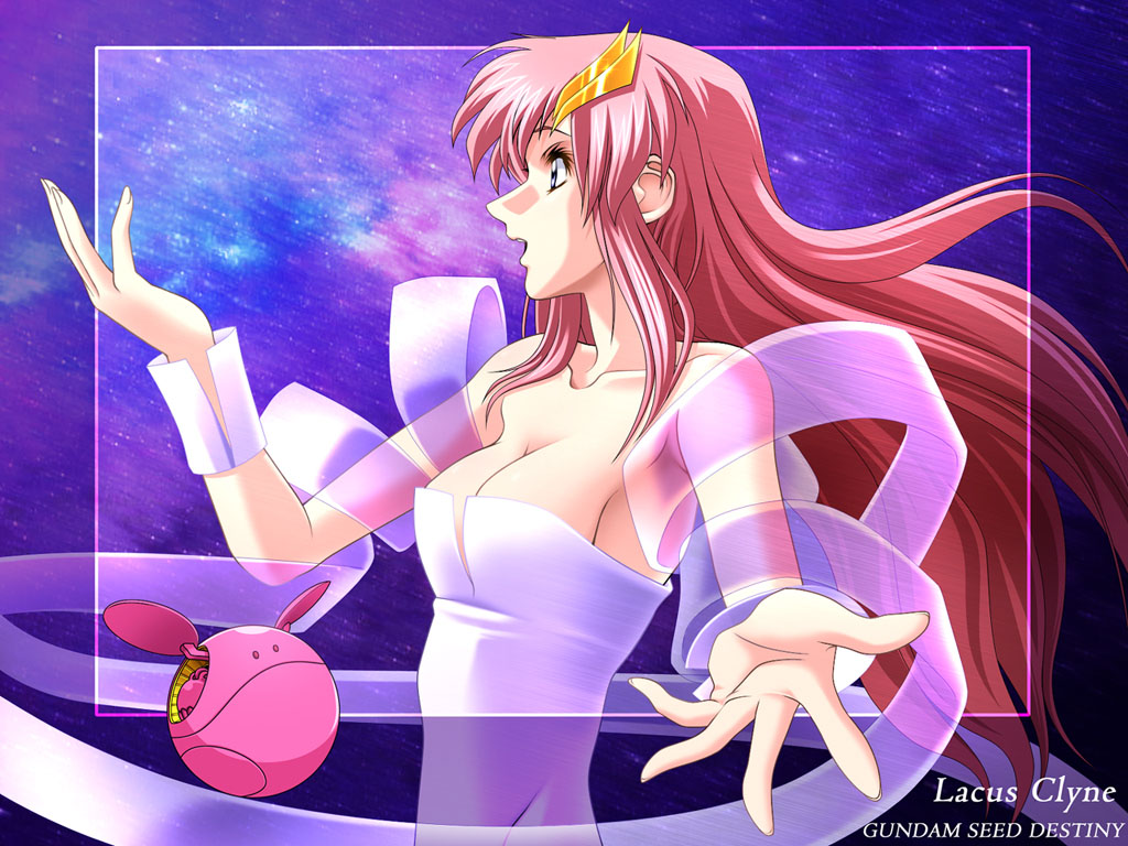 aizawa kotarou, haro, lacus clyne, gundam, gundam seed, gundam seed destiny, 00s, 1girl, armpits, breasts, cleavage, female focus, large breasts, long hair, music, singing, sky, solo, star (sky), starry sky, starry sky background