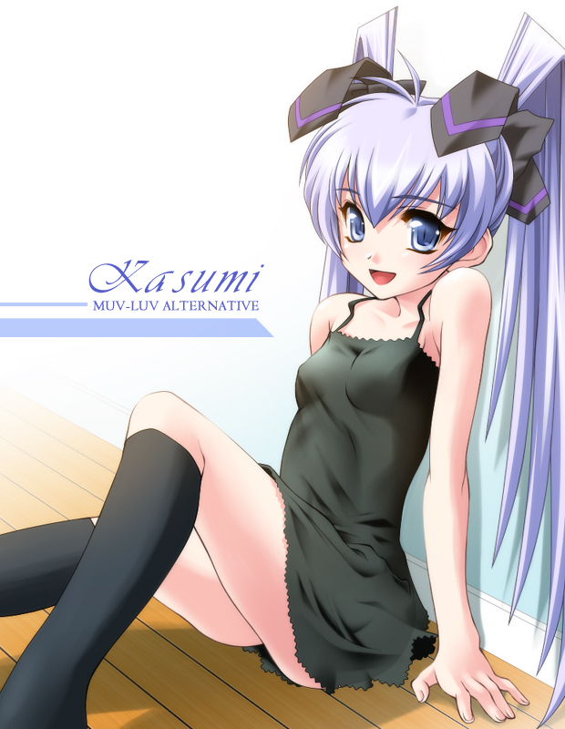 aizawa kotarou, yashiro kasumi, muv-luv, muv-luv alternative, 1girl, blue hair, female focus, lingerie, nightgown, ribbon, solo, twintails, underwear