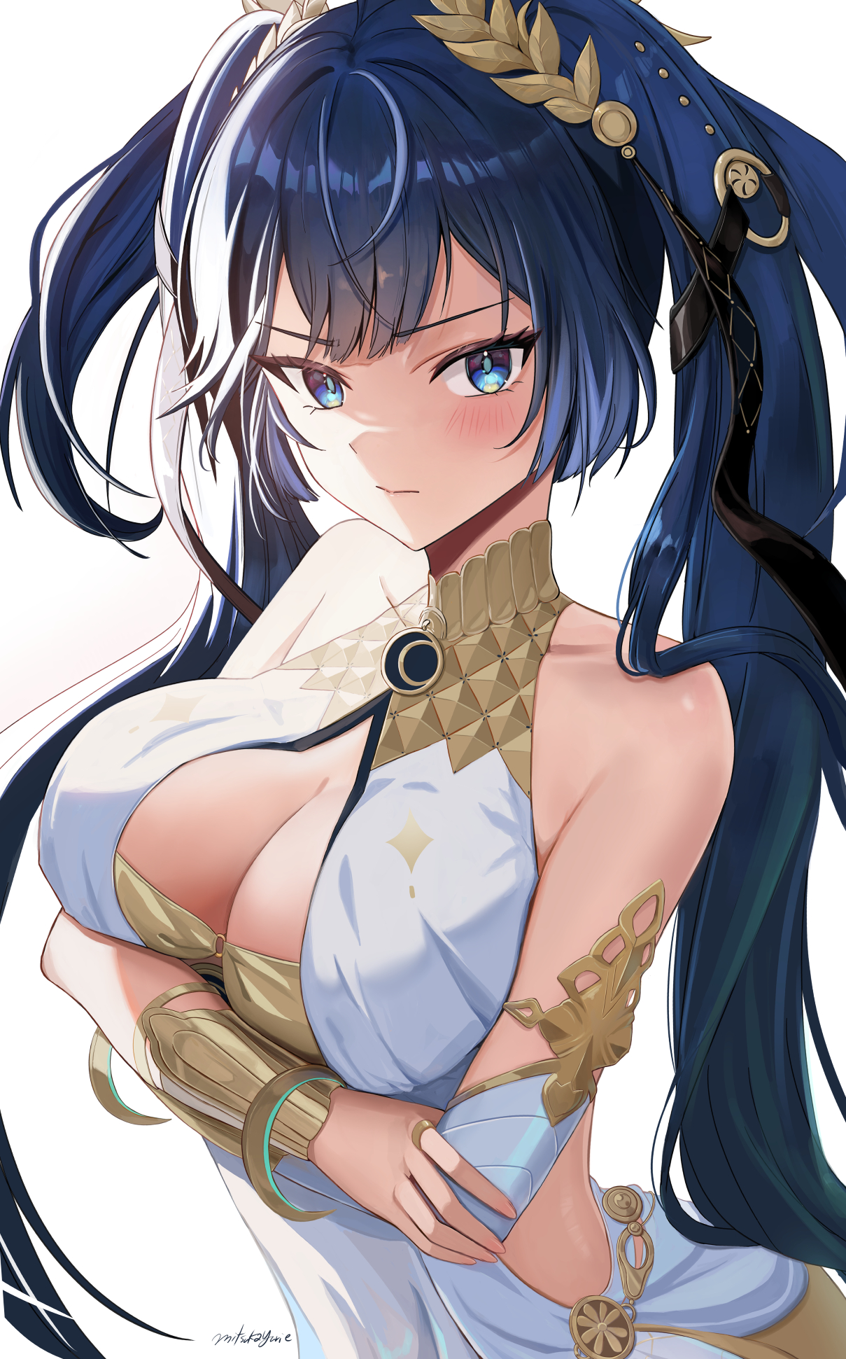 mitsukayurie, iuno (wuthering waves), wuthering waves, commentary, highres, 1girl, armlet, arms under breasts, bare shoulders, blue eyes, blue hair, blush, breasts, cleavage, closed mouth, crossed arms, gold bra, hair belt, head wreath, jewelry, long hair, looking at viewer, medium breasts, multicolored hair, signature, simple background, solo, streaked hair, twintails, upper body, white background