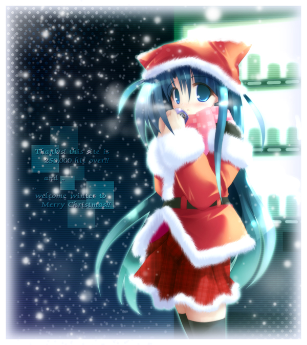 ai takurou, original, 1girl, animal hat, black thighhighs, blue eyes, blue hair, breath, can, christmas, cowboy shot, female focus, hat, long hair, looking at viewer, matching hair/eyes, merry christmas, milestone celebration, santa costume, santa hat, scarf, skirt, snowing, solo, thighhighs, very long hair