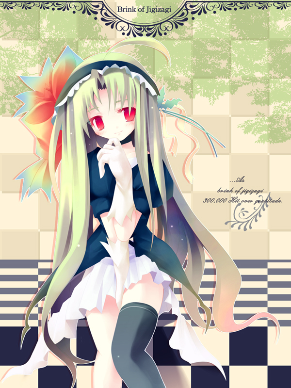 ai takurou, original, 1girl, ahoge, black thighhighs, dress, elbow gloves, female focus, gloves, long hair, milestone celebration, single thighhigh, solo, thighhighs, very long hair