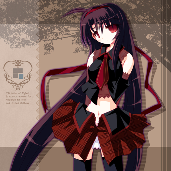 ai takurou, 1girl, female focus, long hair, looking at viewer, midriff, necktie, skirt, solo, thighhighs