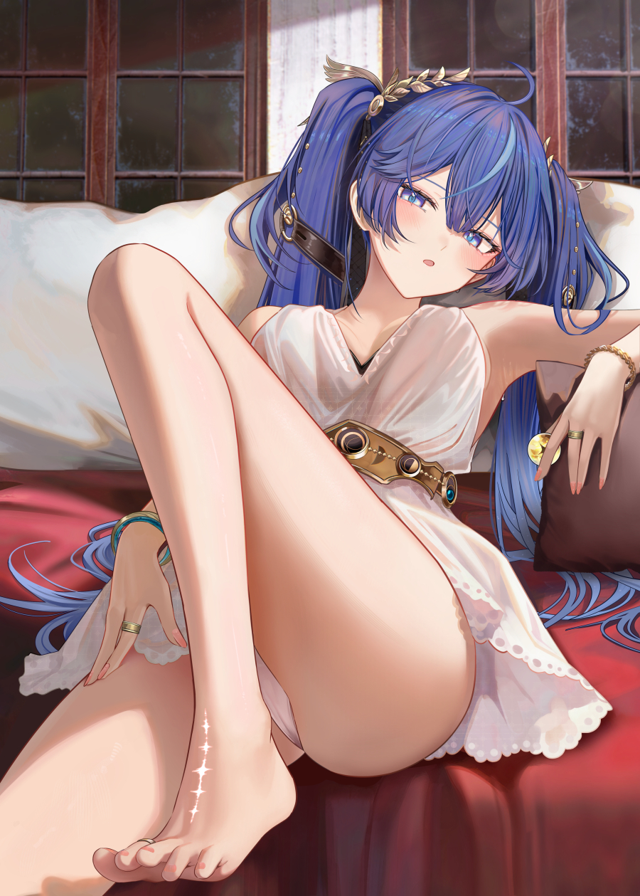 ru zhai, iuno (wuthering waves), wuthering waves, commentary, highres, paid reward available, 1girl, alternate costume, bare legs, bare shoulders, barefoot, blue eyes, blue hair, blush, breasts, collarbone, dress, fingernails, hair belt, head wreath, holding, indoors, jewelry, knee up, legs, long hair, looking at viewer, medium breasts, panties, parted lips, pink nails, ring, solo, tacet mark (wuthering waves), thighs, toe ring, toenails, toes, underwear, very long hair, white dress, white panties