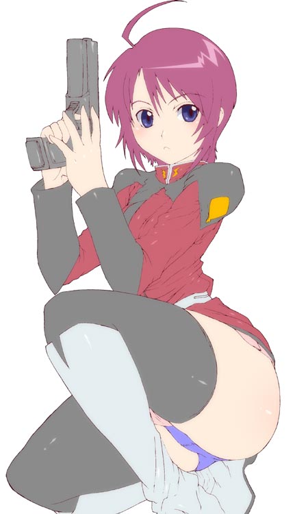 caryo, tabigarasu, lunamaria hawke, gundam, gundam seed, gundam seed destiny, 00s, 1girl, ahoge, ass, black thighhighs, boots, female focus, gun, knee boots, kneeling, military, military uniform, on one knee, panties, pantyshot, pink hair, purple eyes, purple panties, short hair, simple background, skirt, solo, thighhighs, underwear, weapon