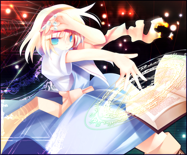 ai takurou, alice margatroid, touhou, bad id, duplicate, 1girl, blonde hair, blue eyes, book, burnt clothes, female focus, floating book, floating object, hairband, jewelry, magic circle, magician, no nose, open book, puffy short sleeves, puffy sleeves, red hairband, ring, sash, short hair, short sleeves, solo, string