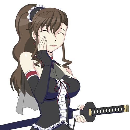 caryo, nanashino, july (coyote ragtime show), coyote ragtime show, lowres, 00s, 1girl, :d, ^ ^, black gloves, blush, breasts, brown hair, center frills, closed eyes, elbow gloves, female focus, frills, gloves, hand on own face, holding, holding sword, holding weapon, katana, large breasts, open mouth, sheath, sheathed, simple background, smile, solo, sword, upper body, weapon, white background