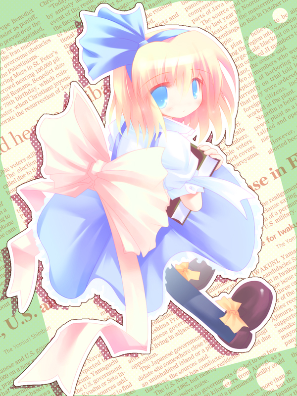 ai takurou, alice margatroid, alice margatroid (pc-98), touhou, blue legwear, 1girl, blonde hair, blue eyes, blue hairband, blue skirt, book, bow, brown shoes, child, dress, english text, eyes visible through hair, female focus, footwear bow, frilled skirt, frills, hairband, puffy short sleeves, puffy sleeves, ribbon, sash, shirt, shoes, short hair, short sleeves, skirt, solo, suspender skirt, suspenders, wall of text, white bow, white shirt, yellow bow