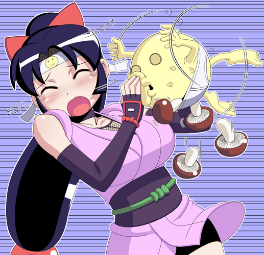 caryo, nanashino, onsokumaru, shinobu (ninin ga shinobuden), ninin ga shinobuden, 00s, 1girl, blunt bangs, blush, briefs, choker, female focus, fingerless gloves, fishnets, gloves, hair ornament, headband, japanese clothes, kimono, long hair, low-tied long hair, male underwear, mushroom, ninja, obi, sash, sexual harassment, sexually suggestive, short kimono, smiley face, solo, sphere hair ornament, tears, underwear, white briefs, white male underwear