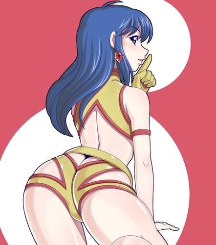 caryo, nanashino, yuri (dirty pair), dirty pair, 1980s (style), lowres, 1girl, ass, blue eyes, blue hair, butt crack, earrings, female focus, finger to mouth, from behind, jewelry, long hair, matching hair/eyes, oldschool, retro artstyle, simple background, solo