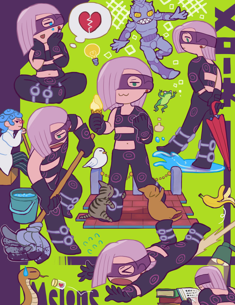 moisukii, baby face (stand), ghiaccio, melone, jojo no kimyou na bouken, vento aureo, commentary request, translation request, > <, 2boys, :3, banana peel, bird, black gloves, blue hair, broken heart, bucket, cat, character name, clenched hand, closed umbrella, deformed, desk lamp, flying sweatdrops, gloves, heart, holding, holding behind back, ice cream cone, lamp, male focus, midriff, mop, multiple boys, multiple views, open mouth, puddle, purple hair, red-framed eyewear, sharp teeth, short hair, sitting, snake, stand (jojo), tears, teeth, tripping, umbrella
