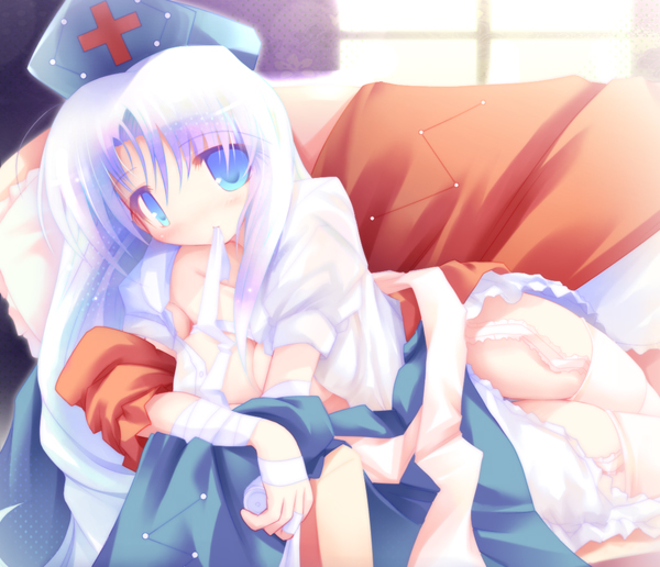 ai takurou, yagokoro eirin, touhou, 1girl, arm support, bandages, blue eyes, blush, breasts, cleavage, collarbone, couch, female focus, garter belt, hat, head tilt, hip focus, indoors, lingerie, long hair, looking at viewer, lying, mouth hold, nurse, nurse cap, on side, parted bangs, sarashi, sash, shirt, skindentation, skirt, skirt set, solo, straight hair, sunlight, thighhighs, thighs, underwear, unworn clothes, very long hair, white hair, white thighhighs, window