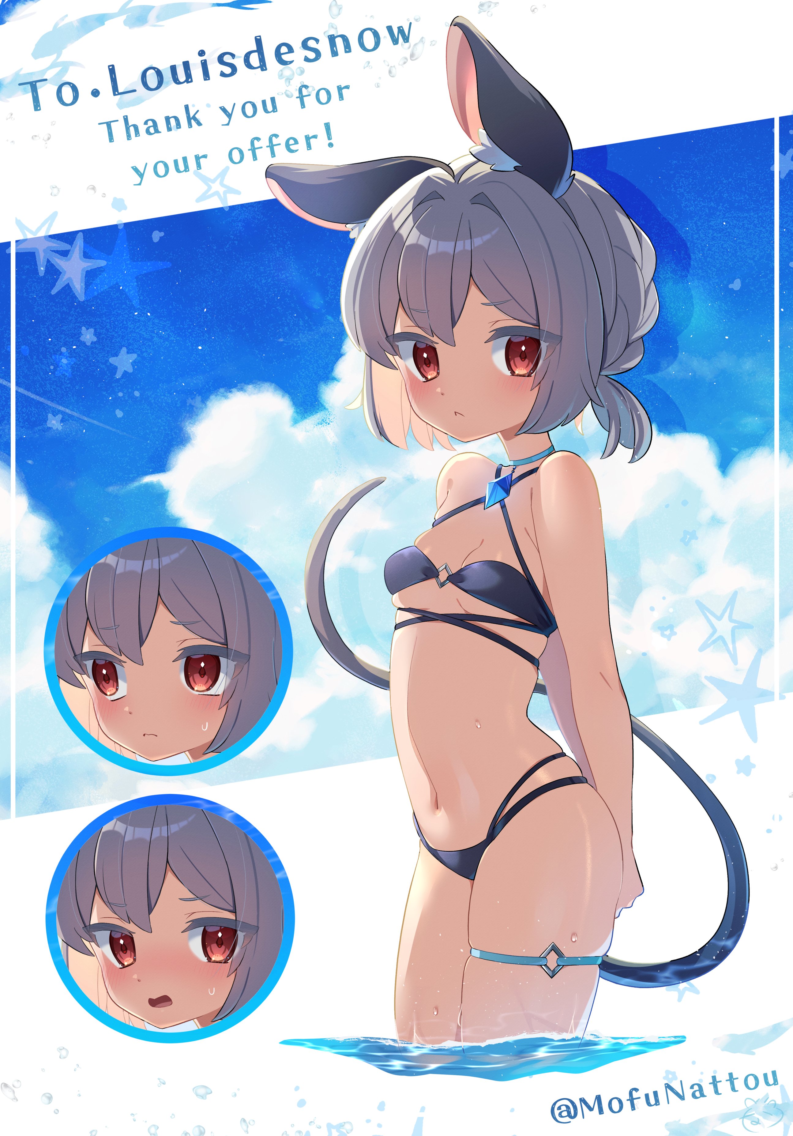 ibaraki natou, nazrin, touhou, absurdres, commentary, commission, highres, second-party source, skeb commission, 1girl, :<, alternate hairstyle, animal ears, arms behind back, bare shoulders, bikini, black bikini, blue sky, breasts, cloud, commissioner name, cowboy shot, expression chart, frown, grey hair, mouse ears, mouse tail, o-ring, o-ring bikini, red eyes, short hair, skindentation, sky, small breasts, sweatdrop, swimsuit, tail, thick thighs, thigh strap, thighs, twitter username, v-shaped eyebrows, wading, water