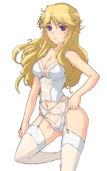 caryo, tabigarasu, leona garstein, banpresto, super robot wars, 1girl, blonde hair, blue eyes, female focus, garter belt, lace, lingerie, panties, solo, sweatdrop, thighhighs, underwear
