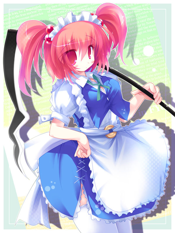 ai takurou, onozuka komachi, touhou, 1girl, dress, female focus, gradient background, maid, pink hair, scythe, solo, thighhighs, twintails, two side up