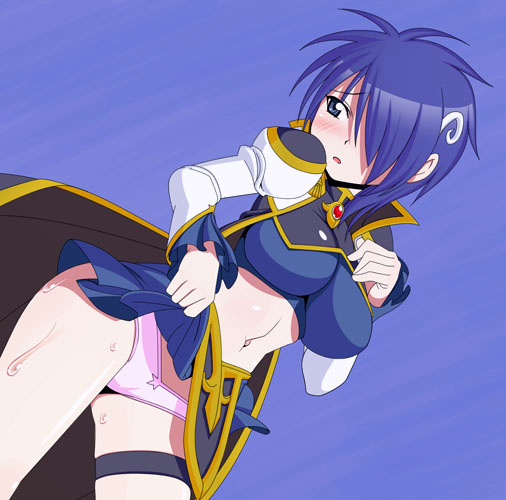 caryo, nanashino, lily c. sherbet, broccoli (company), galaxy angel, galaxy angel rune, uniform, 00s, 1girl, blue eyes, blue hair, blush, cape, clothes lift, embarrassed, female focus, hair ornament, hair over one eye, hairclip, matching hair/eyes, midriff, panties, short hair, skirt, skirt lift, solo, sweat, underwear