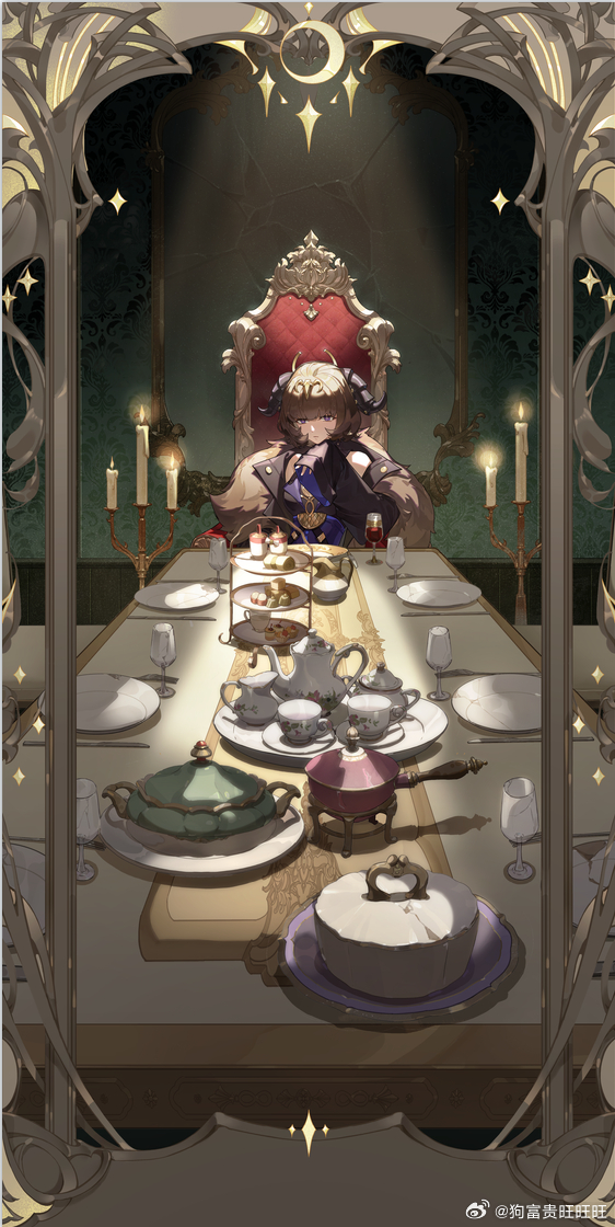 gou fu gui wang wang wang, chinese commentary, 1girl, alcohol, bare shoulders, black dress, black horns, black jacket, blue dress, blunt bangs, broken mirror, brown hair, cake, candelabra, candle, candlestand, chair, closed mouth, cooking pot, cup, dining room, dress, drinking glass, expressionless, food, fork, fur-trimmed jacket, fur trim, hair ornament, hand to own mouth, hand up, horns, indoors, jacket, long sleeves, looking at viewer, mirror, off shoulder, pitcher (container), plate, project soul, purple eyes, red wine, saucer, short hair, sitting, sleeveless, sleeveless dress, sleeves past wrists, solo, spread legs, table, table knife, tea set, teacup, teapot, tiered tray, two-tone dress, upper body, wallpaper (object), watermark, weibo watermark, wine, wine glass