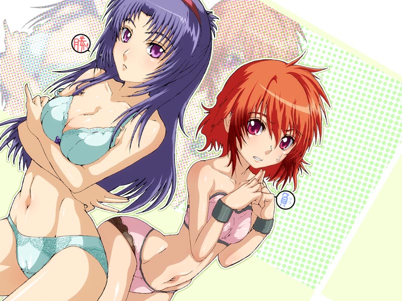 caryo, tabigarasu, ibis douglas, sleigh presty, banpresto, super robot wars, breast hold, 2girls, blue hair, bra, breast envy, breasts, cleavage, fidgeting, hairband, index fingers together, large breasts, lingerie, long hair, multiple girls, panties, pink eyes, purple eyes, red hair, short hair, underwear, underwear only, wristband, zoom layer