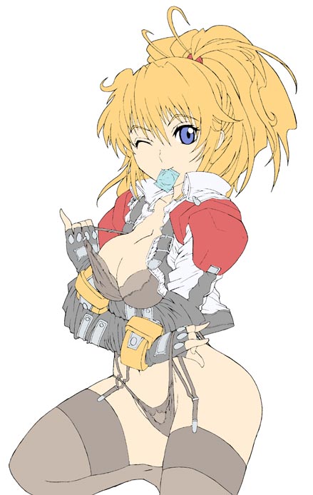 caryo, tabigarasu, excellen browning, banpresto, super robot wars, 1girl, blonde hair, breasts, condom, condom in mouth, female focus, mouth hold, solo, thighhighs