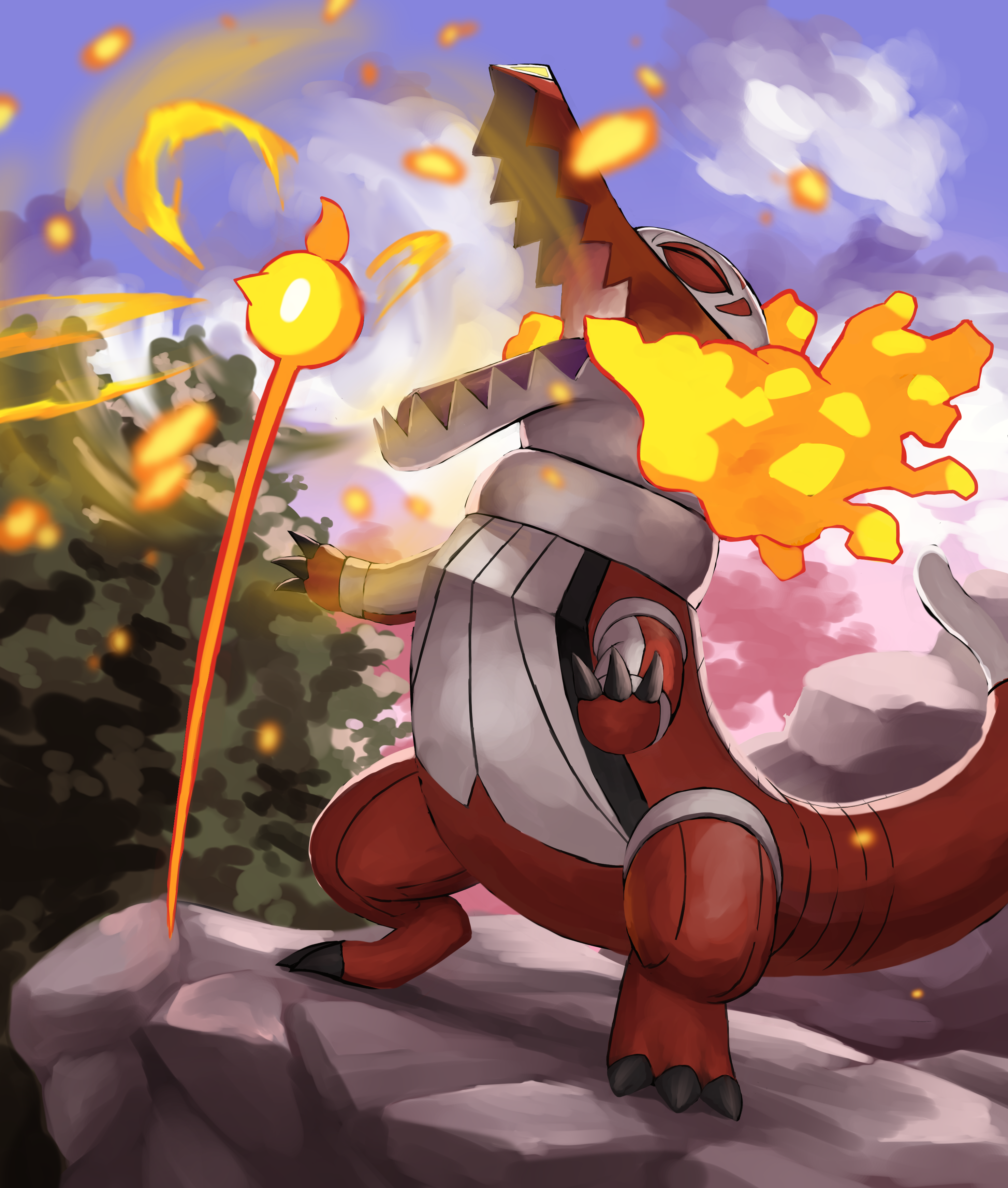 jira (ziraiya26), skeledirge, nintendo, pokemon, absurdres, commentary request, highres, claws, closed eyes, cloud, day, fire, no humans, open mouth, outdoors, pokemon (creature), pokemon focus, sky, solo