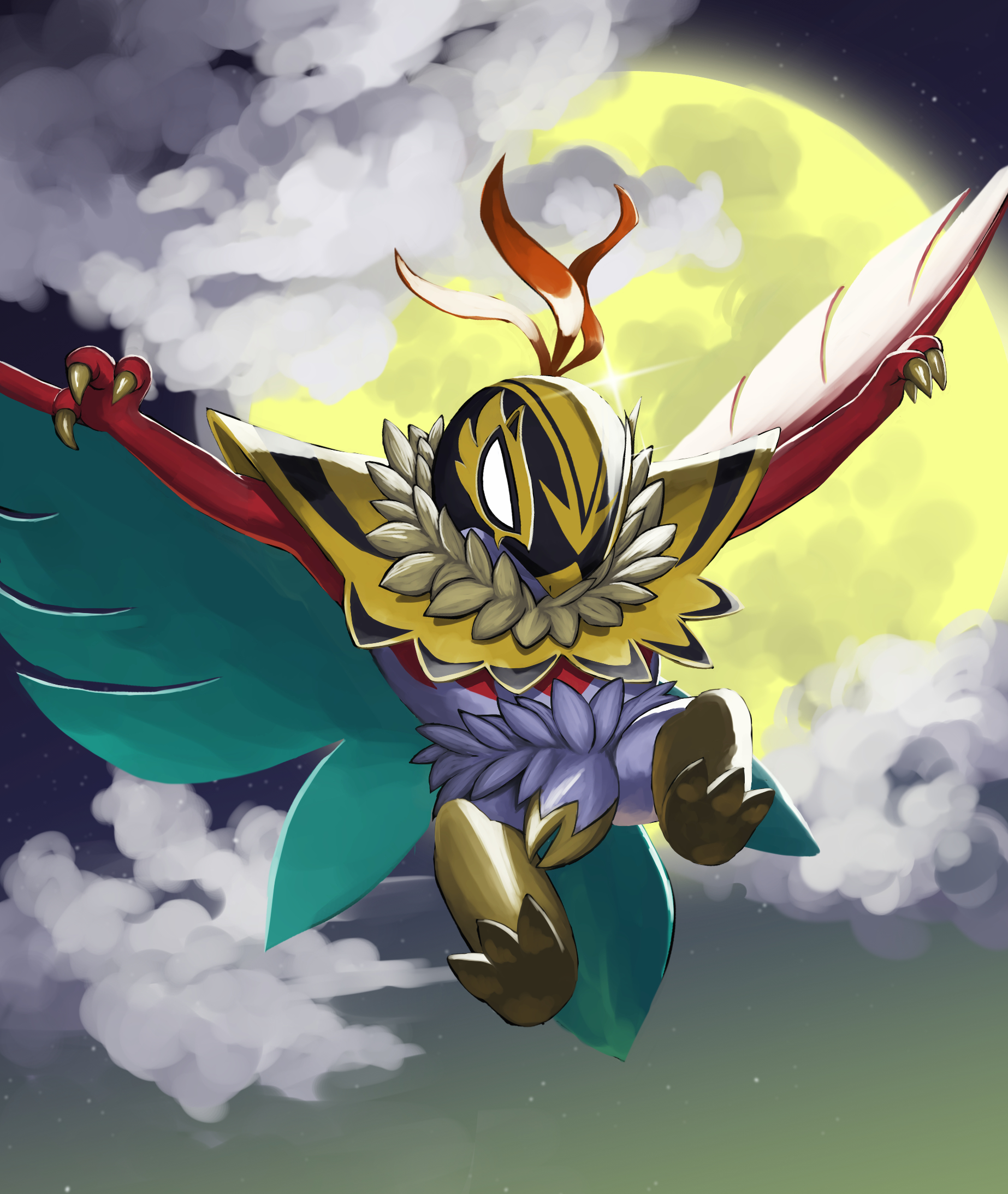 jira (ziraiya26), hawlucha, mega hawlucha, nintendo, pokemon, commentary request, highres, claws, cloud, flying, gen 6 pokemon, moon, night, outdoors, pokemon (creature), pokemon focus, sky, solo