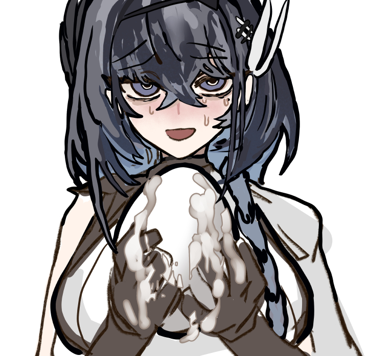 thiccborb, cantabile (arknights), arknights, commentary, 1girl, bag, black gloves, black hair, blue eyes, blue hair, breasts, crossed bangs, egg, feather hair, gloves, hair between eyes, hairband, holding, holding egg, long hair, looking at viewer, mole, mole under eye, open mouth, simple background, solo, suggestive fluid, sweat, white background