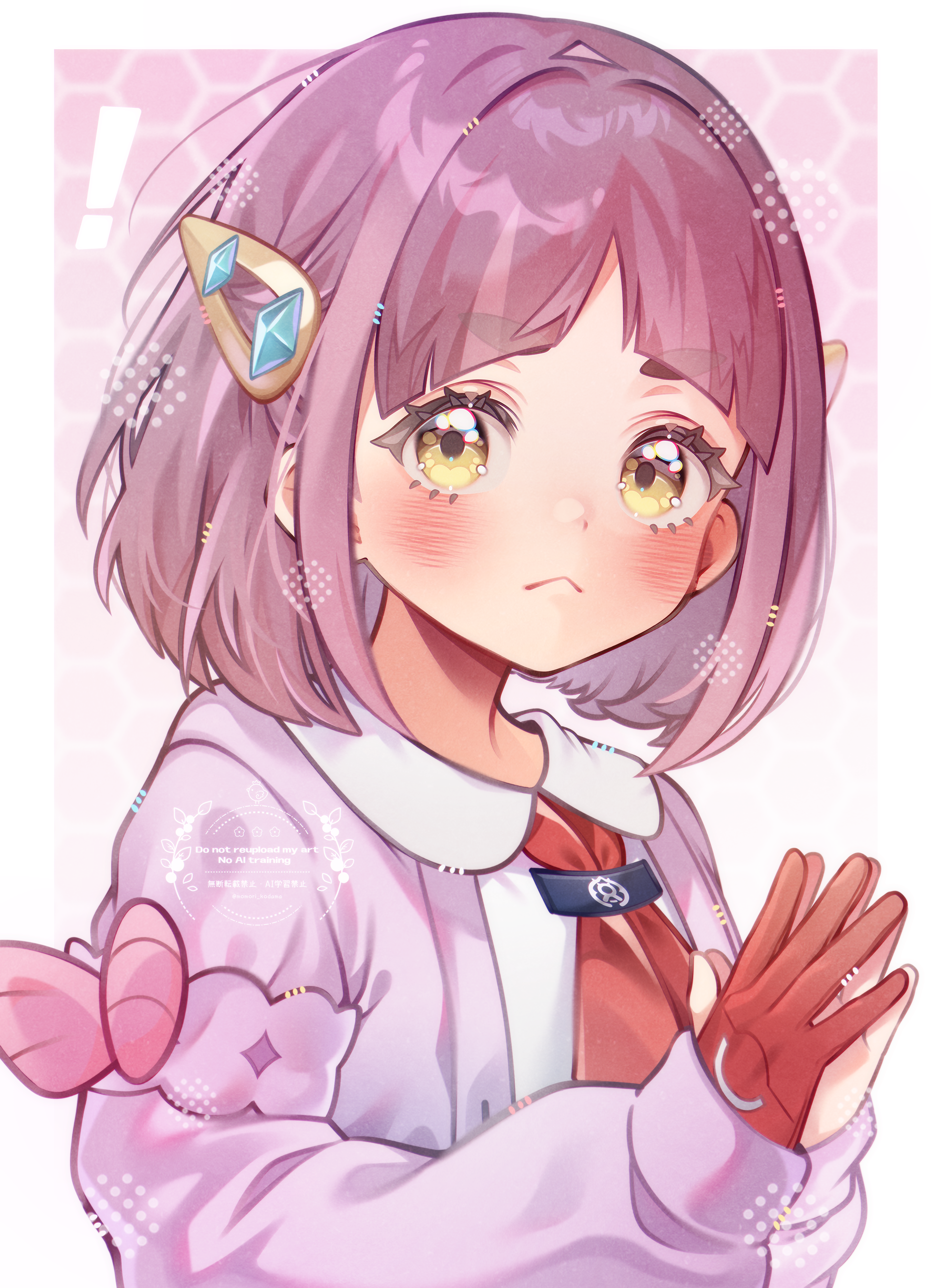 shikamori kodama, lacey (pokemon), nintendo, pokemon, pokemon sv, absurdres, commentary request, highres, 1girl, :<, arched bangs, blush, cardigan, closed mouth, collared shirt, eyelashes, gloves, hair ornament, hands up, looking at viewer, medium hair, open cardigan, open clothes, own hands together, partially fingerless gloves, purple cardigan, purple hair, red gloves, shirt, single glove, solo, upper body, watermark, white shirt, yellow eyes
