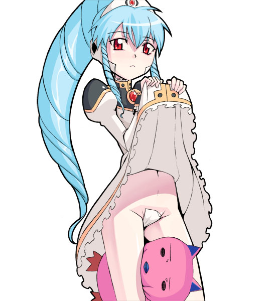 caryo, nanashino, normad, vanilla h, broccoli (company), galaxy angel, 00s, 1girl, blue hair, clothes lift, female focus, long hair, maebari, pale skin, red eyes, skirt, skirt lift, solo, standing