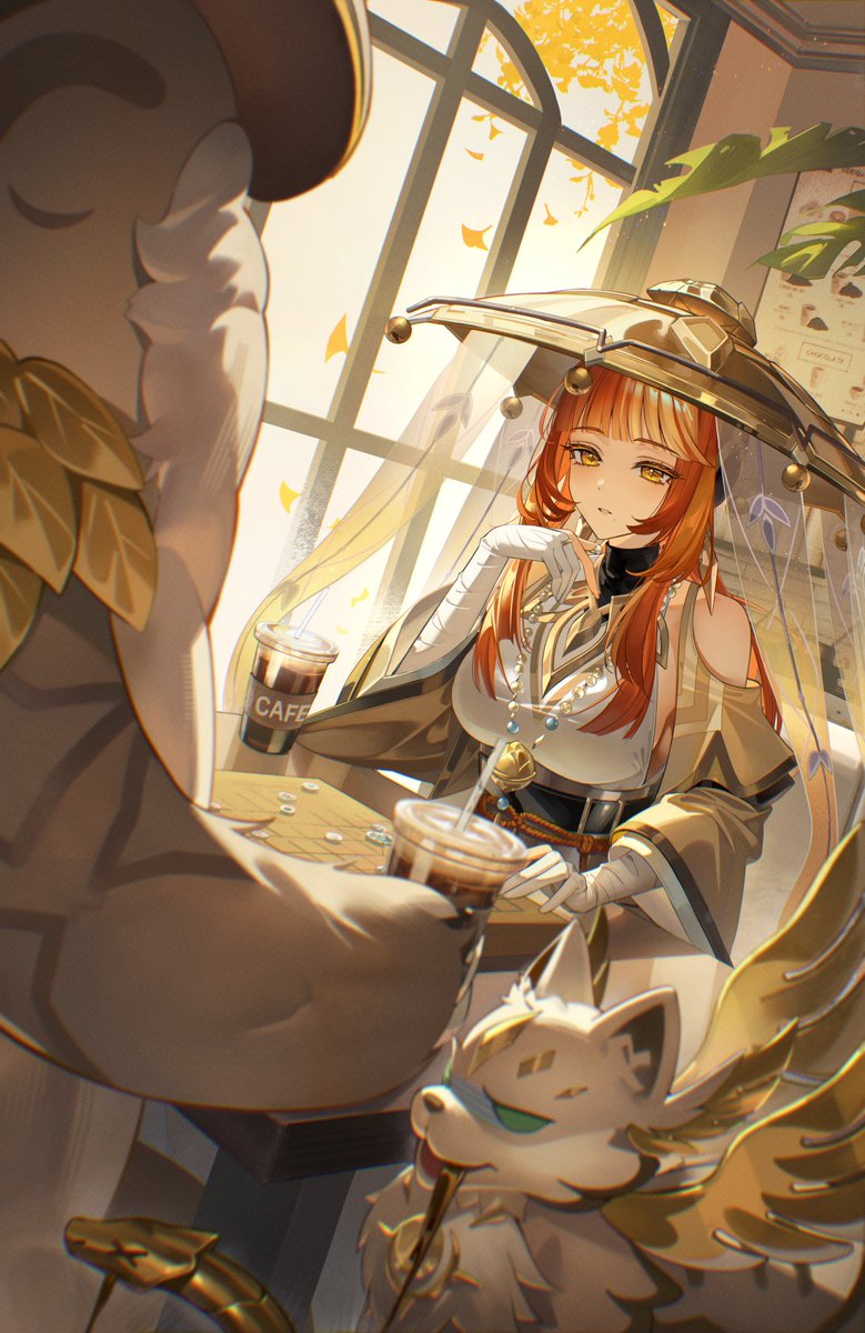 rity, honkai: nexus anima, honkai (series), clothing request, commentary, highres, symbol-only commentary, 1girl, bandaged arm, bandages, board game, breasts, brown jacket, chinese clothes, clothing cutout, cup, disposable cup, drinking straw, dutch angle, hand up, indoors, jacket, long hair, medium breasts, orange hair, parted lips, prabhas (honkai: nexus anima), shoulder cutout, solo, table, yellow eyes