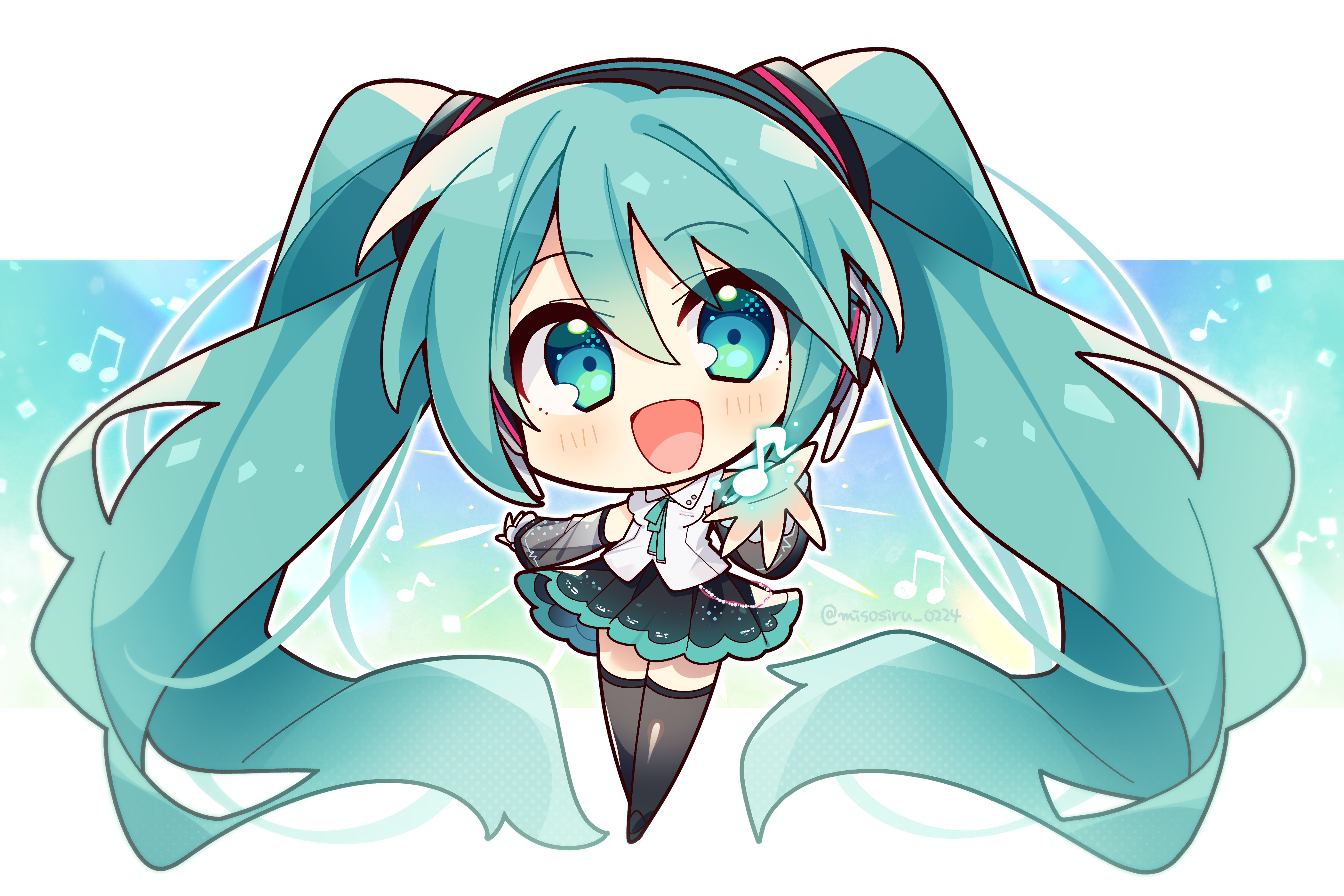 misosiru 0224, hatsune miku, vocaloid, absurdres, commentary request, highres, 1girl, :d, bare shoulders, black boots, black skirt, black sleeves, blue eyes, blue hair, blue necktie, blush, boots, chibi, chibi only, collared shirt, detached sleeves, full body, hair between eyes, long hair, long sleeves, looking at viewer, miniskirt, musical note, necktie, open mouth, outline, outstretched arm, pleated skirt, shirt, skirt, sleeveless, sleeveless shirt, smile, solo, standing, thigh boots, twintails, twitter username, very long hair, white outline, white shirt