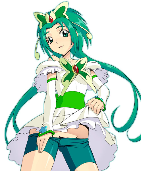 caryo, nanashino, akimoto komachi, cure mint, precure, yes! precure 5, 00s, 1girl, bike shorts, bike shorts under skirt, butterfly hair ornament, clothes pull, female focus, green shorts, hair ornament, magical girl, shorts, shorts pull, shorts under skirt, solo