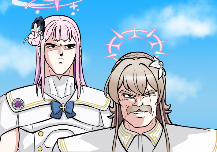 mika (blue archive), nagisa (blue archive), blue archive, dragon ball, character request, 2boys, blue bow, blue bowtie, blue sky, bow, bowtie, brown hair, closed mouth, day, dress, facial hair, flower, frown, hair flower, hair ornament, halo, long hair, manlification, multiple boys, mustache, one eye closed, outdoors, parody, pink hair, scar, scar across eye, scar on face, sky, whats mean, white dress
